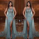 Elegant Straps Mermaid Evening Dress with Sequins, Tulle, and Split Beads